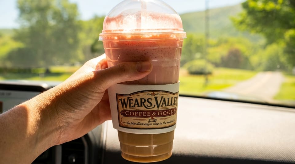 Hand holding a Wears Valley Coffee & Goods drink in a car, with a road and trees outside.