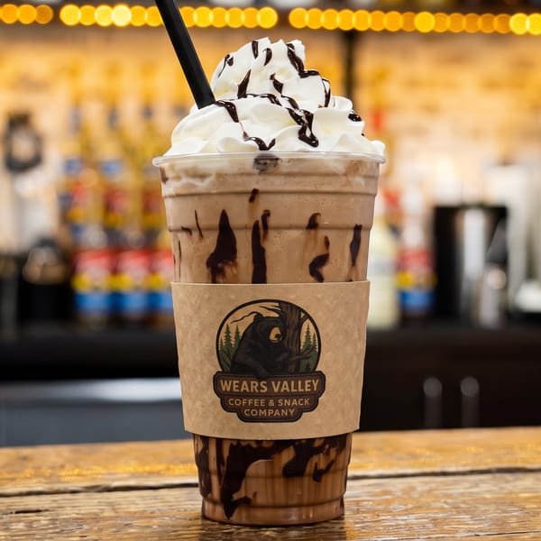 A chocolate frappe with whipped cream and chocolate drizzle, featuring a Wears Valley Coffee & Snack Company sleeve.