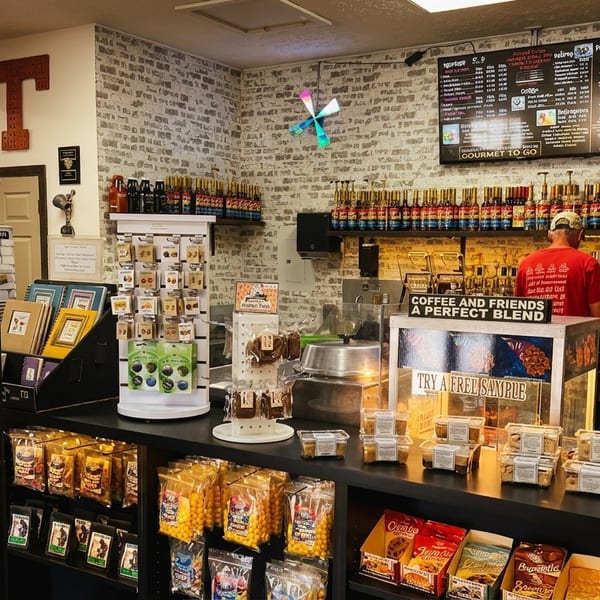 A coffee shop interior with a barista, espresso machine, and shelves stocked with various products.