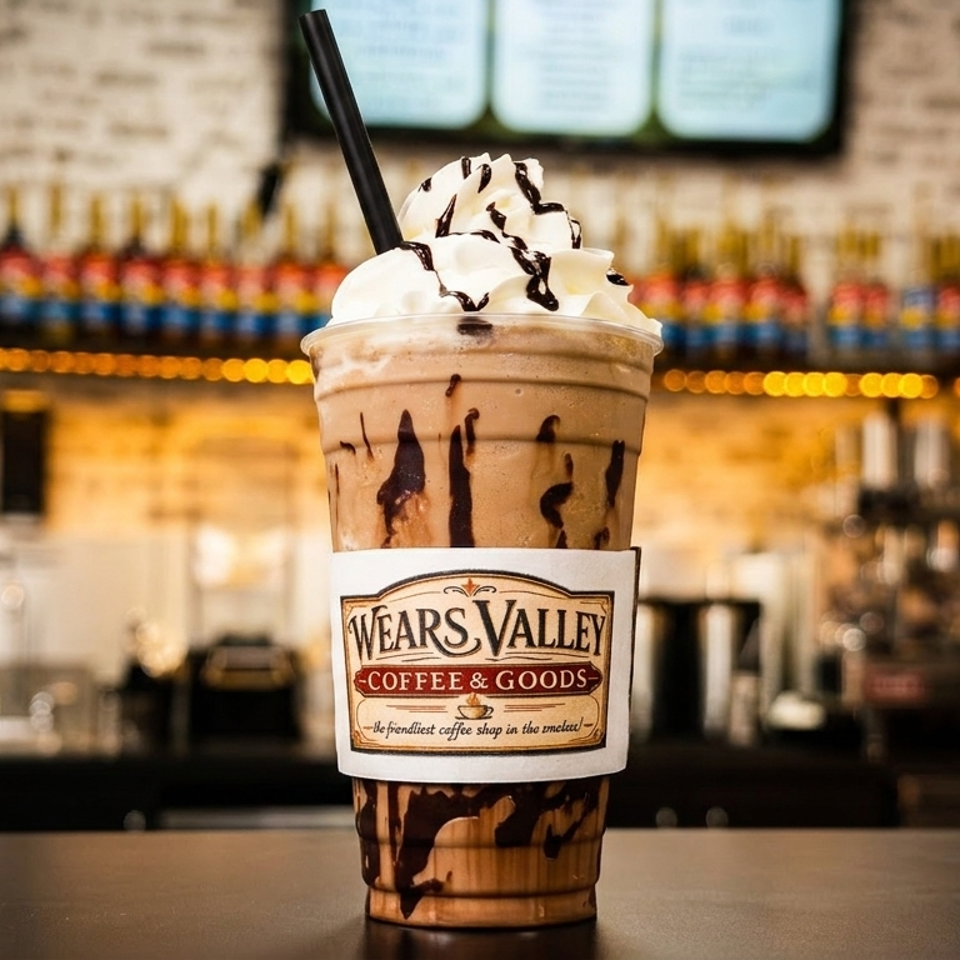 A Wears Valley Coffee & Goods iced mocha with whipped cream and chocolate drizzle on a counter.