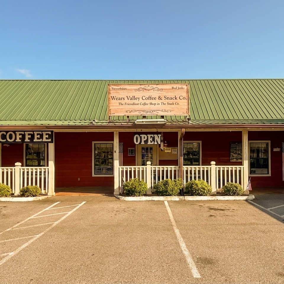 Wears Valley Coffee & Snack Co. building with a red exterior, green roof, and white picket fence.