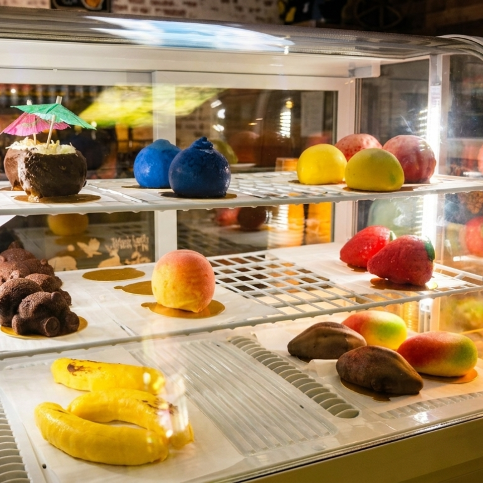 A display case filled with various colorful, fruit-shaped desserts, including chocolate-dipped bananas and strawberries.