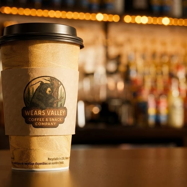 A Wears Valley Coffee & Snack Company cup on a bar with blurred bottles in the background.