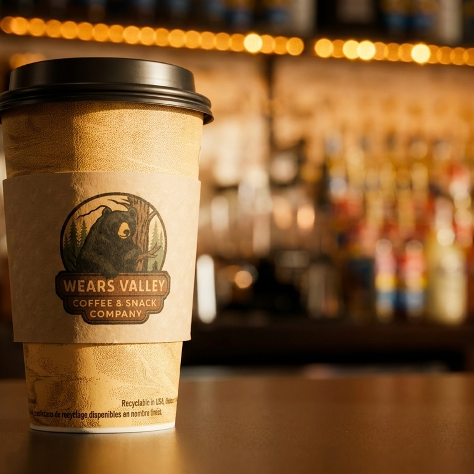 A Wears Valley Coffee & Snack Company cup on a bar with blurred bottles in the background.